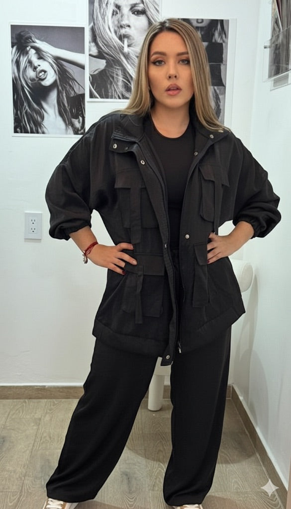 Conjunto de chaqueta tipo safari Negro