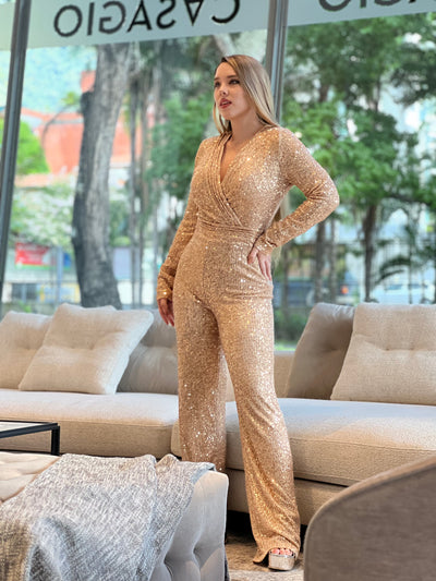 Jumpsuit manga larga con lentejuelas dorada VALENTINE