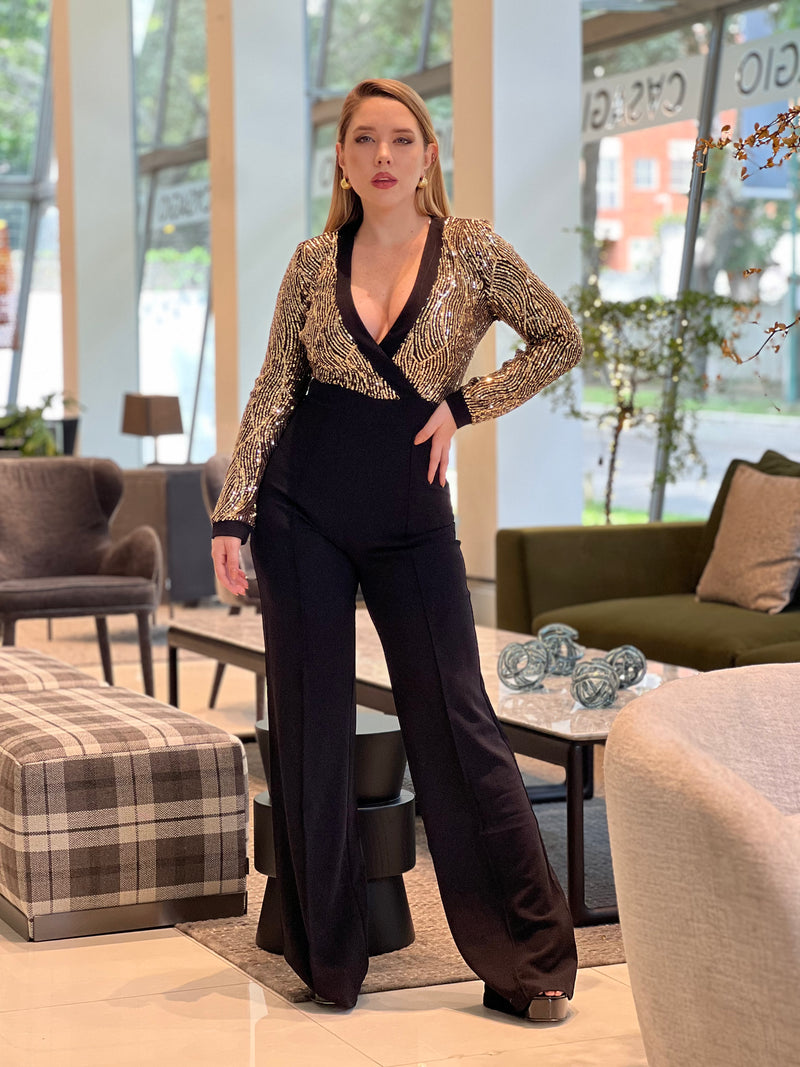 Jumpsuit con lentejuelas doradas manga larga – Reina Boutique