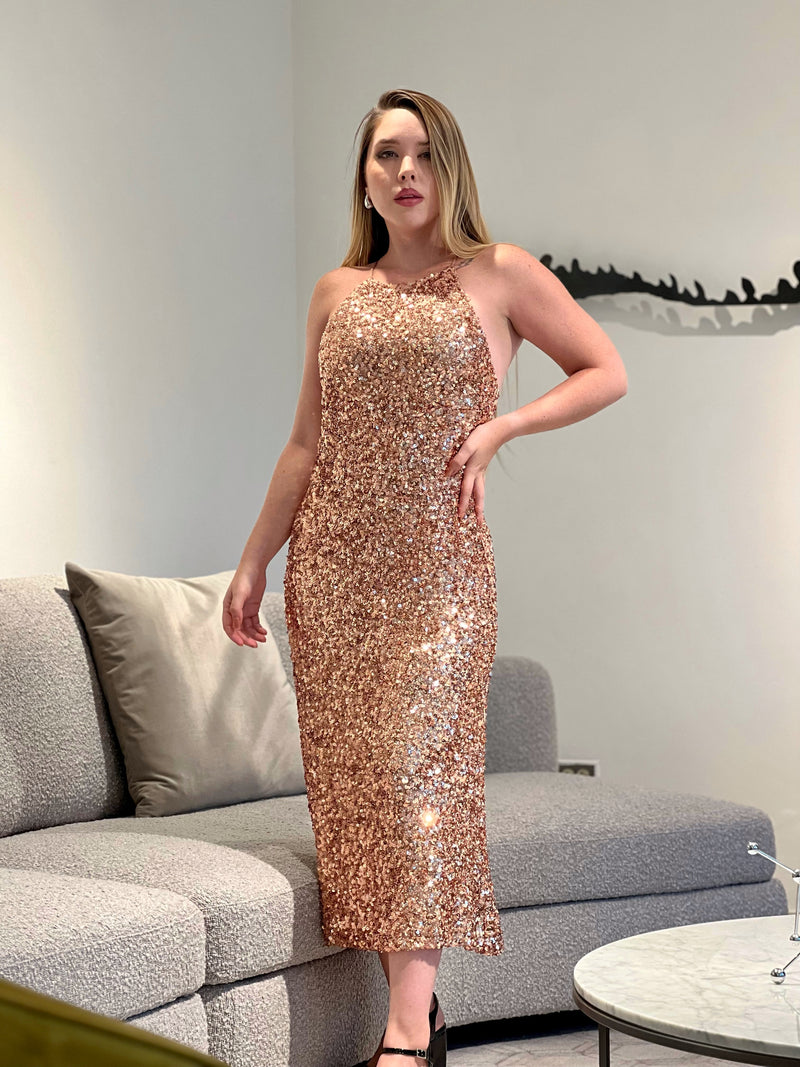 Maxi Vestido cuello alto de lentejuelas dorado