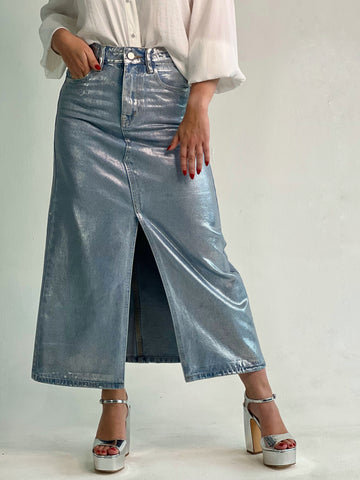 Maxi falda de jean con destello plateado