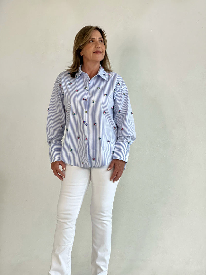 Blusas de rayas azules con pedrería colores