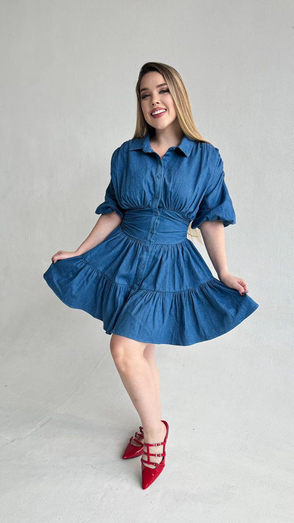 Vestido corto de jean manga abullonada