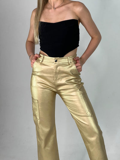 Pantalones de cuerina tipo cargo Dorado VENTI6